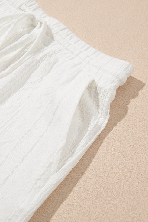 Textured Patched Pocket Short Sleeve Top Drawstring Shorts Set